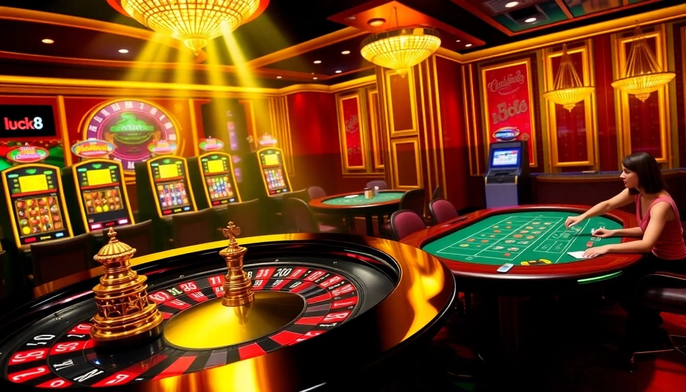 Experience thrilling gameplay at luck8 with a vibrant casino atmosphere filled with roulette wheels and poker tables.
