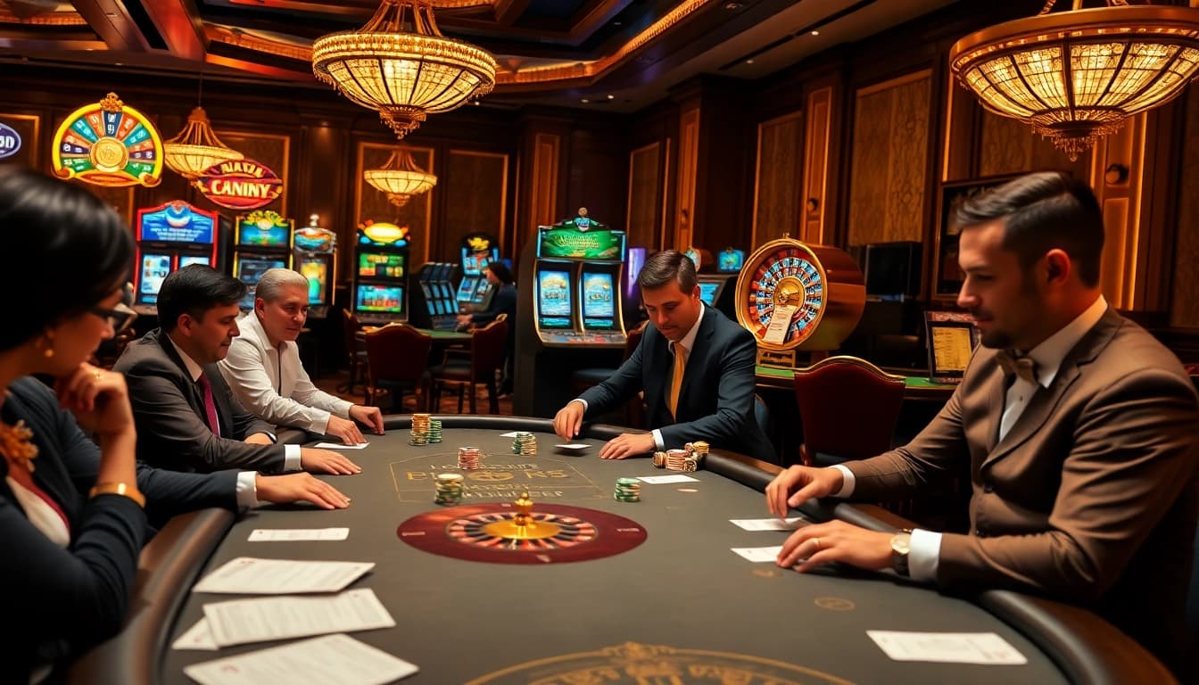 Engaged players in focused poker action at nhà cái 888NEW, showcasing chips and cards under soft lighting.