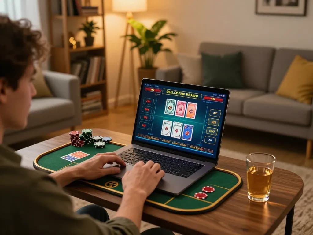 Engaging in online casino gameplay with TG88 on a laptop, cozy home settings highlight strategic betting.