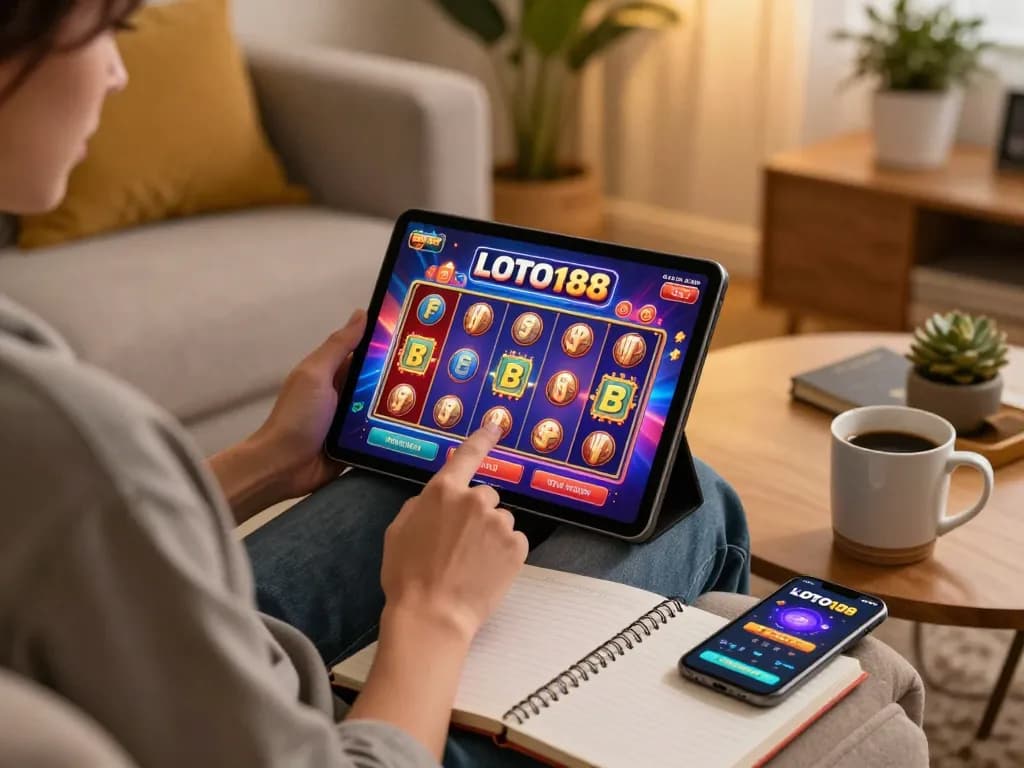 Engaging gameplay on LOTO188 COM showcasing a colorful online slot interface in a cozy home setting.