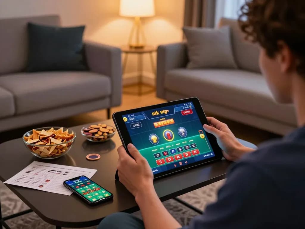 Engaging with rik vip live dealer game on tablet in cozy home setting with snacks.