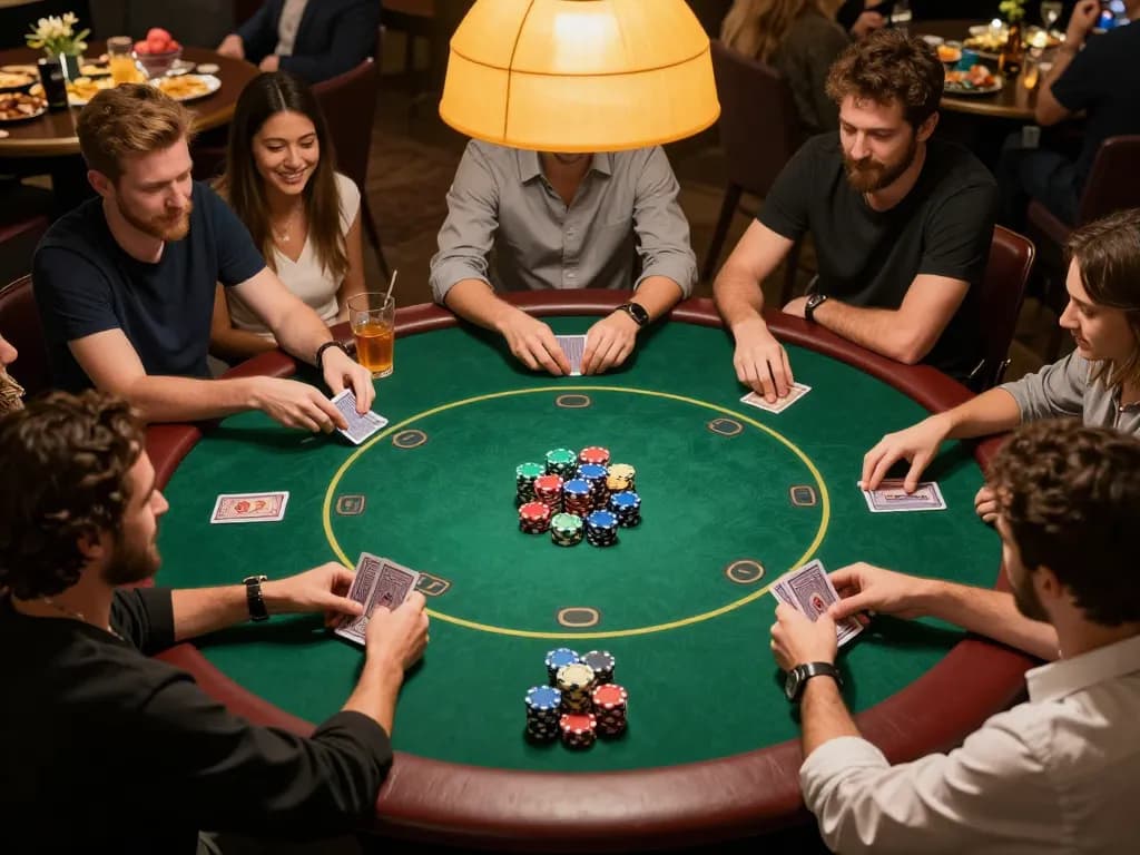 Players enjoying a poker game at home, highlighting the mb66-t experience with colorful chips and strategic play.