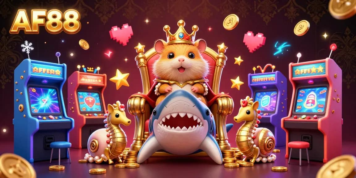 Join the action with AF88 as the golden hamster king rules a vibrant casino scene filled with arcade excitement.