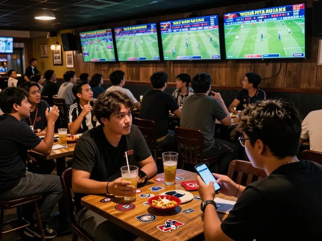 Engaged sports bettors checking tỷ lệ kèo nhà cái updates on smartphones in a vibrant sports bar atmosphere.