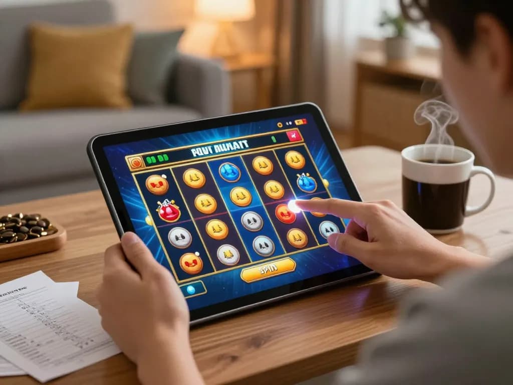 Engaged player enjoying games at lienminhkjc on tablet, cozy home setting, strategic gambling