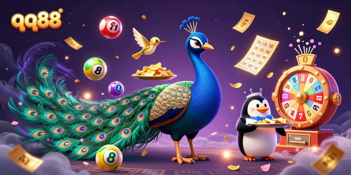 Engage with high-stakes fun at qq88, featuring colorful lottery balls, a peacock, and a butler penguin offering chips.
