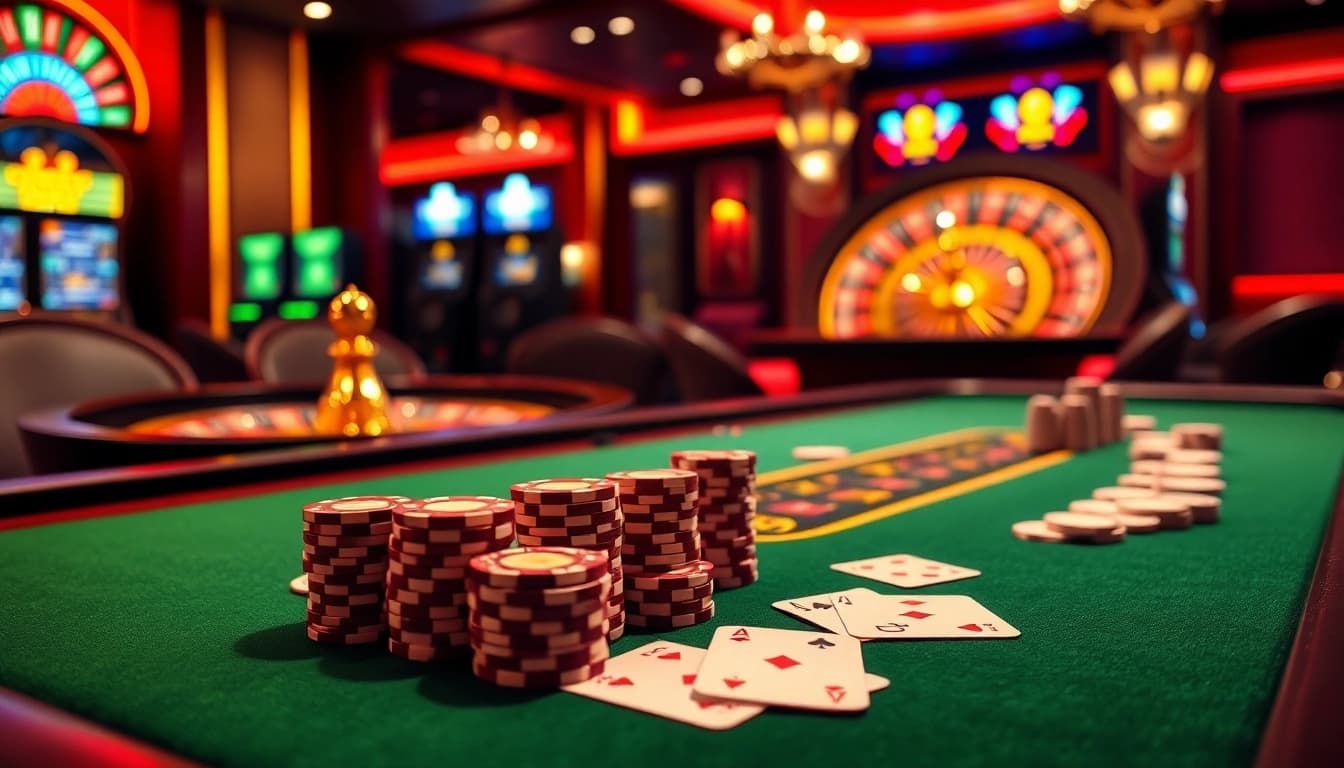 Experience immersive gambling excitement at MM88 with casino tables and vibrant slot machines.