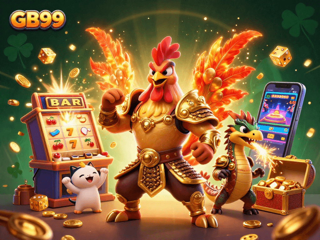 Engage with GB99 as cartoon characters celebrate wins in vibrant casino-themed illustration.