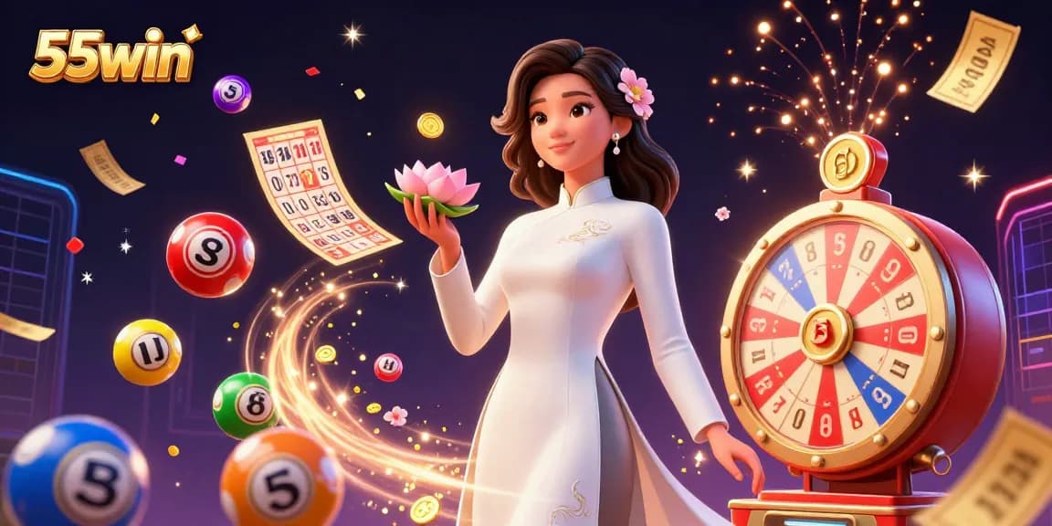 Experience exciting gaming with 55win in a mesmerizing 3D scene filled with dynamic elements and vibrant energy.