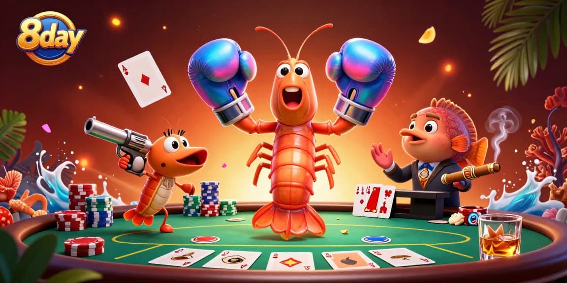 Experience thrilling poker action with 8day featuring colorful chips and dynamic characters.