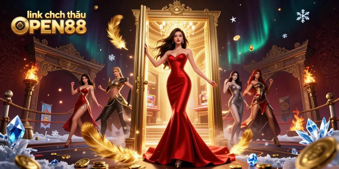 Engage with the link chính thức OPEN88, featuring a stunning casino scene filled with vibrant elements and action.