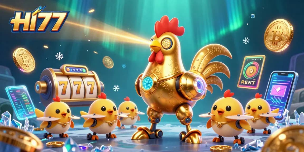 Experience dynamic gaming at HI77 with a futuristic rooster shooting jackpots amid crypto elements.