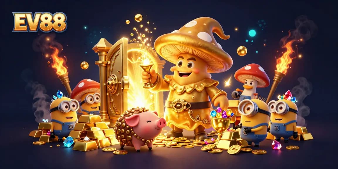 Experience the magic of EV88 with a golden mushroom wizard revealing treasures and gems in a vibrant scene.