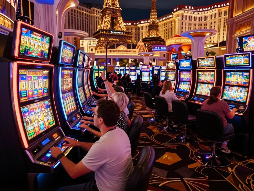 Menggugah pemain di mesin slot Paris yang merayakan kemenangan di tengah suasana kasino yang semarak.