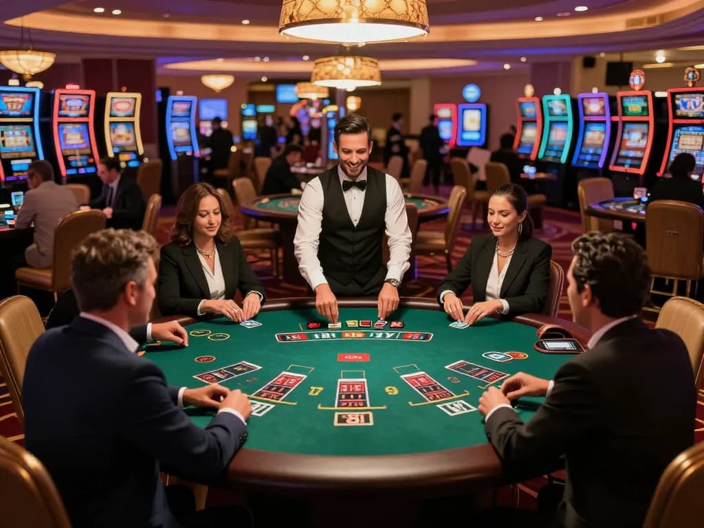 C208 players strategizing in a high-stakes blackjack game, showcasing skill and excitement in a luxurious casino