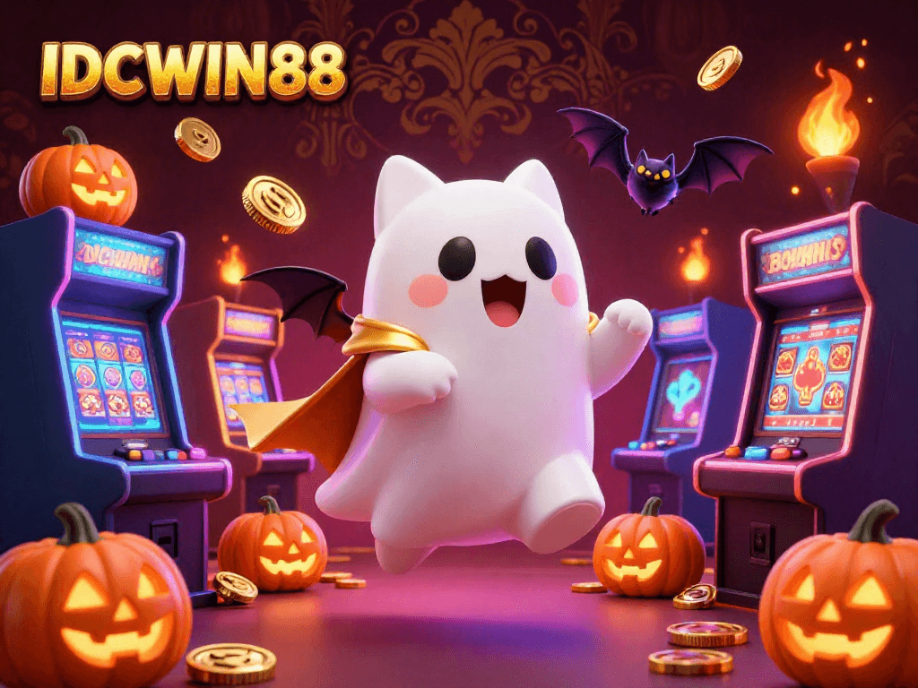 Interactive scene showcasing IDCWIN88, where a friendly ghost cat and bat explore a bustling casino with glowing game machines.
