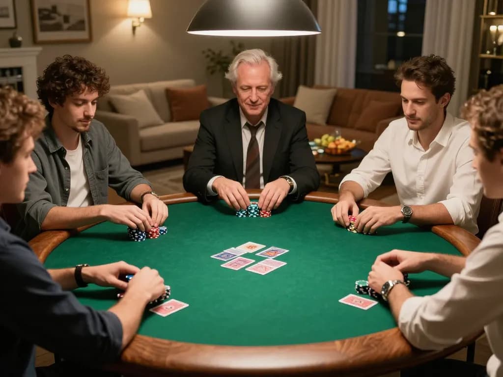 Players engaging in a thrilling poker game at home, featuring gg88 atmosphere of excitement and strategy.