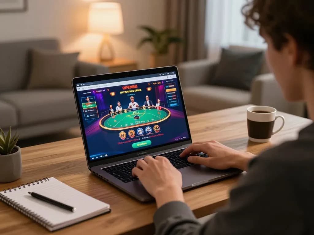 Engaging user playing at OPEN88 casino on a laptop, showcasing strategic online gambling experience
