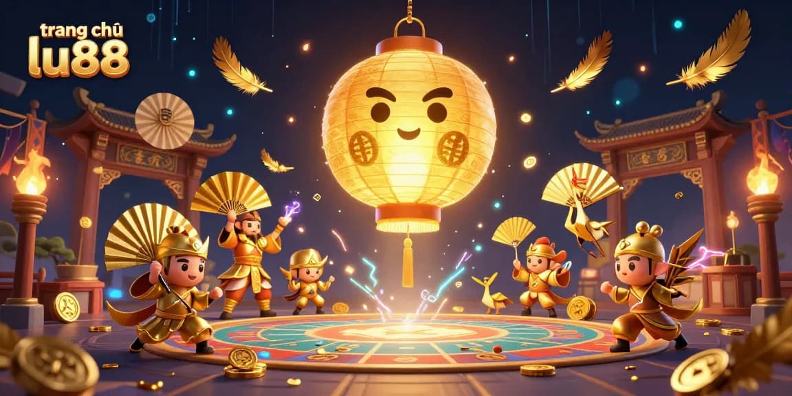 Engage with 'trang chủ lu88' at this mesmerizing casino illustration featuring golden lantern spirit and lucky symbols.