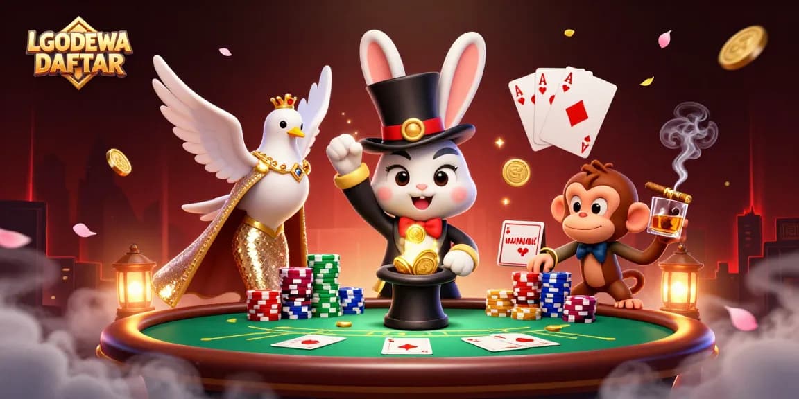 Experience the excitement of LGODEWA DAFTAR with a magician rabbit, glamorous dove, and playful monkey amid vibrant casino action.