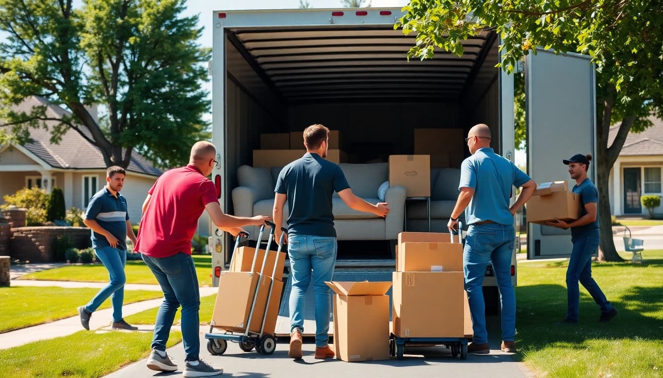 Calgary movers expertly loading furniture and boxes into a moving truck during a sunny relocation.
