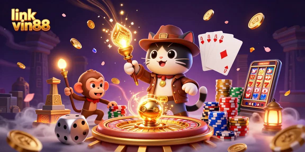 Win with link vin88 as the explorer cat discovers casino treasures in a vibrant 3D illustration.