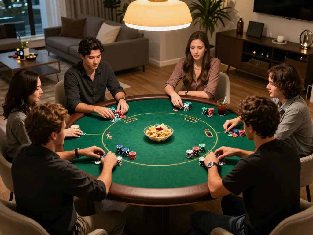 Players enjoying a thrilling game of poker during their friendly night, featuring Trang chủ ok8386 prominently showcased.