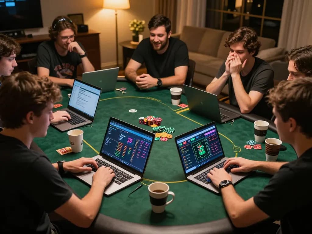 Players enjoying fly88 poker on laptops in a cozy home setting, showing excitement and strategy.