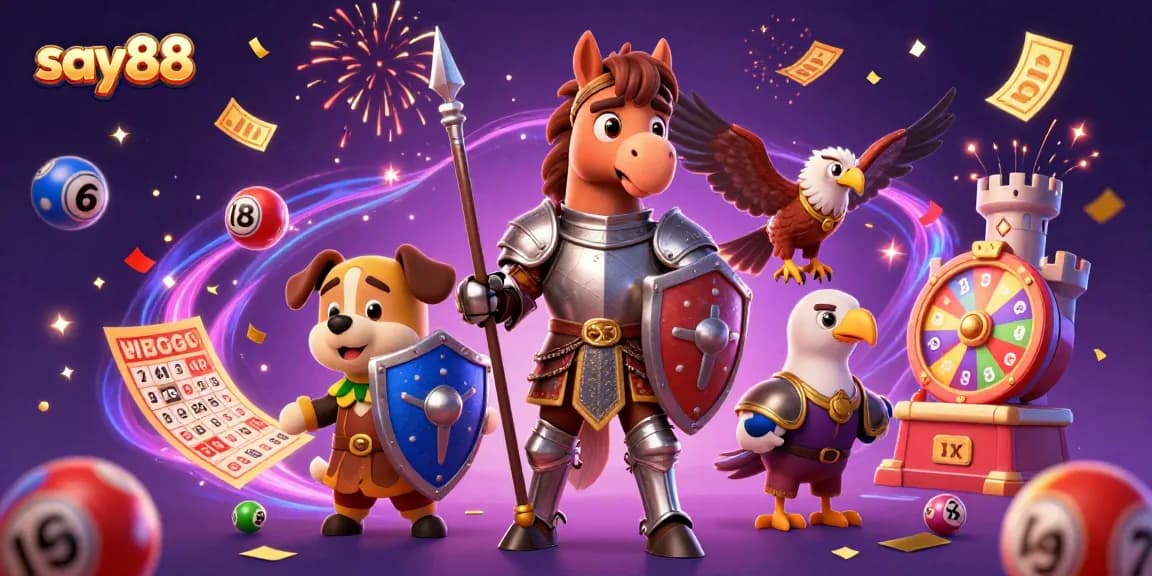 Experience exhilarating excitement with say88, featuring a medieval knight, squire, and falcon amidst vibrant casino elements.