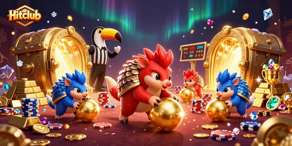 Hitclub pangolins compete in a vibrant casino scene, bowling through poker chips.