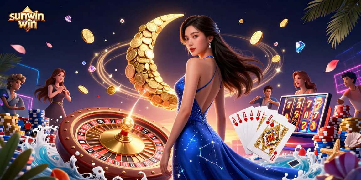 Experience sunwin win with a vibrant 3D casino illustration showcasing an elegant Asian woman.