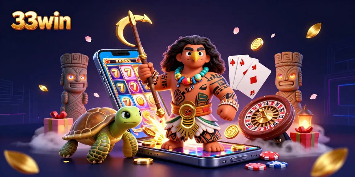 Win big with 33win featuring vibrant slot reels, gold coins, and dynamic casino elements.