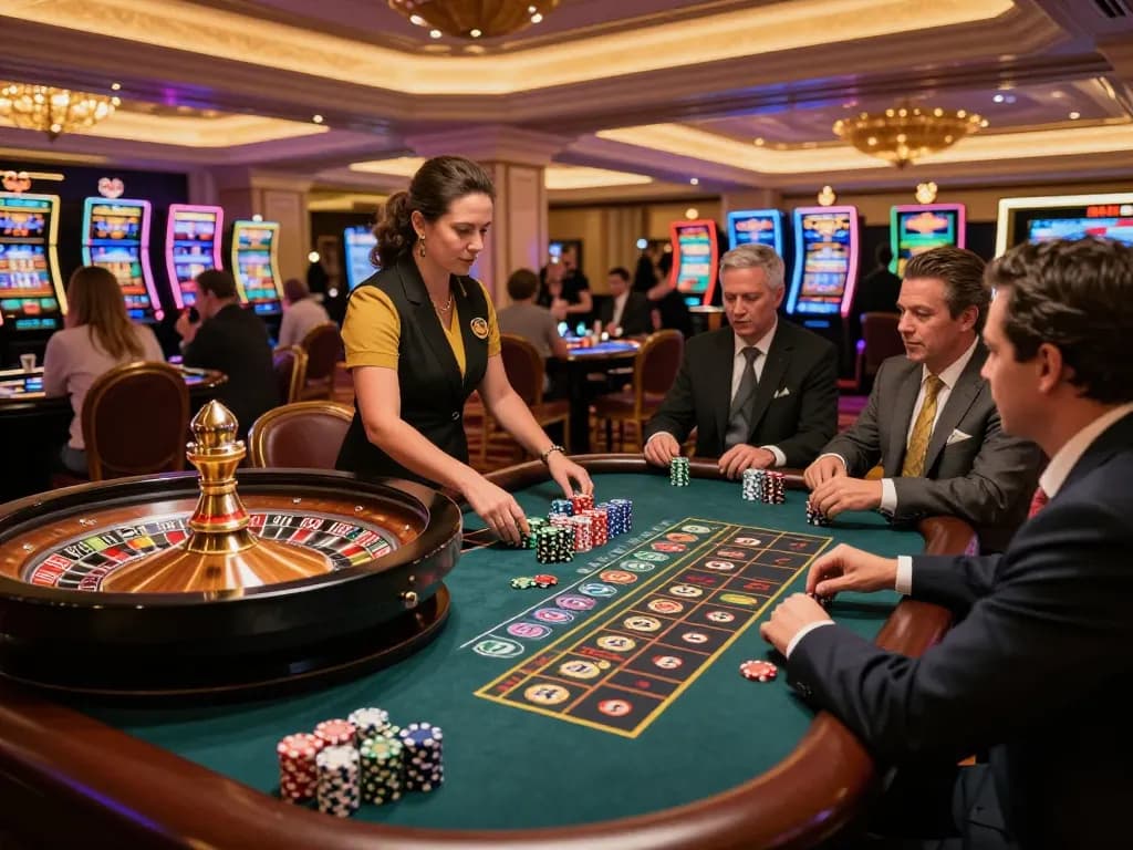 Players engaged in roulette gameplay at 789wincom's luxurious casino, showcasing vibrant chips and an elegant croupier.