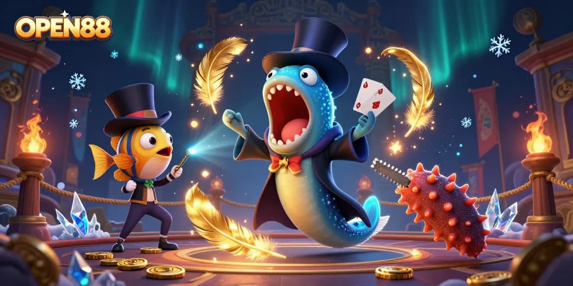 OPEN88 showcases a vibrant deep-sea casino scene with characters performing magic tricks