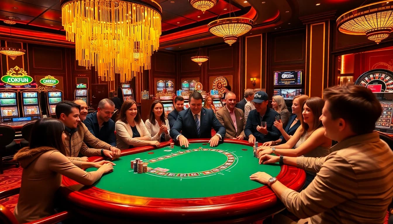 Engaged players at OKFUN's luxurious poker table enjoying an exciting gambling experience.