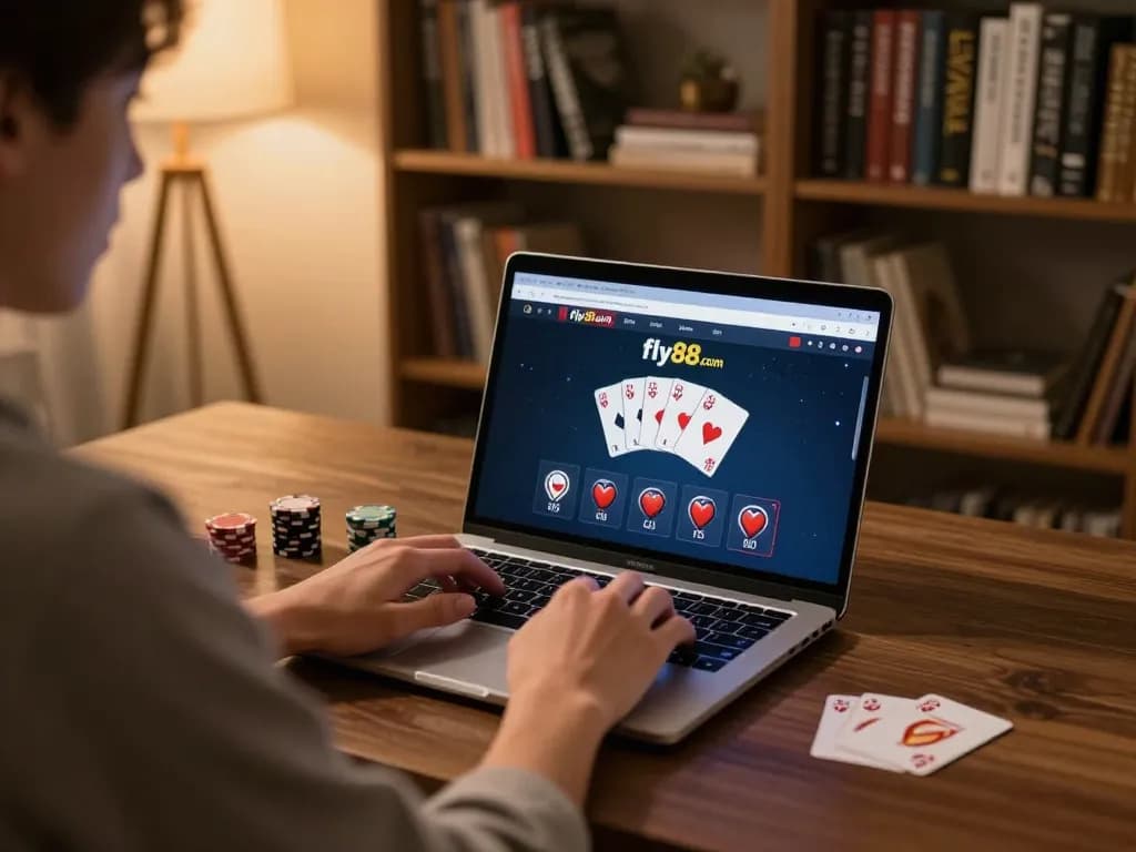 Engaging in online gaming on fly88 com with visible poker cards and a relaxed atmosphere.