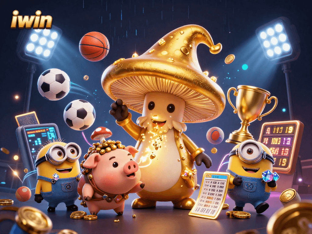 Experience sports excitement at iwin with a magical scene of characters amidst thrilling game elements and vibrant energy.