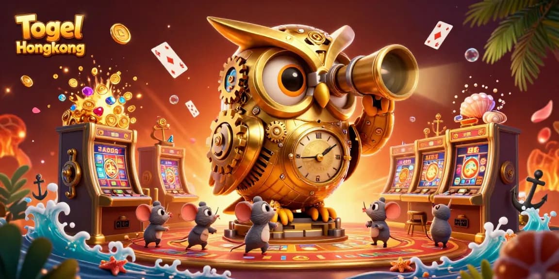 Togel Hongkong themed illustration showcasing a vibrant casino scene with a golden owl, wind-up mice, and floating games.