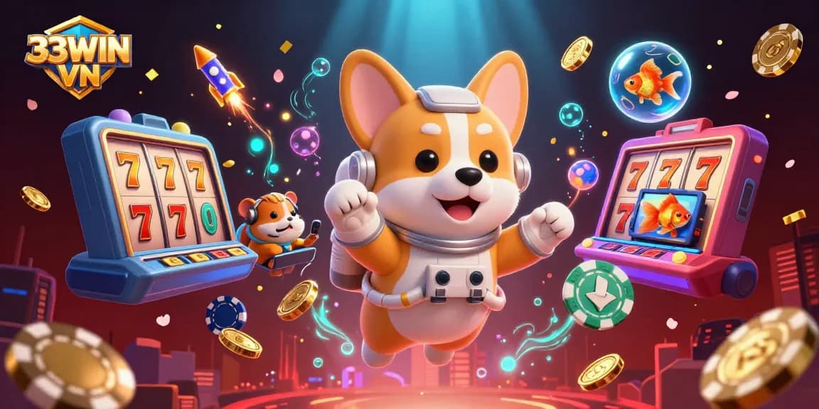 33WIN VN launches an astronaut corgi in a vibrant casino, juggling floating coins and jackpots.