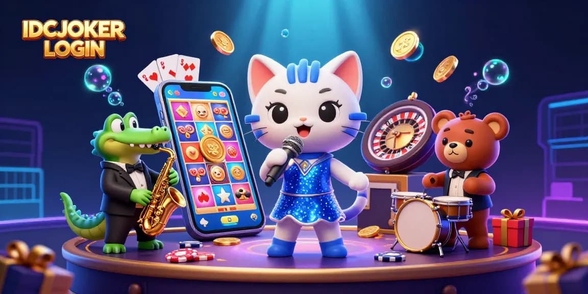 IDCJOKER LOGIN to experience exciting slot games surrounded by cartoon characters in a vibrant casino setting.