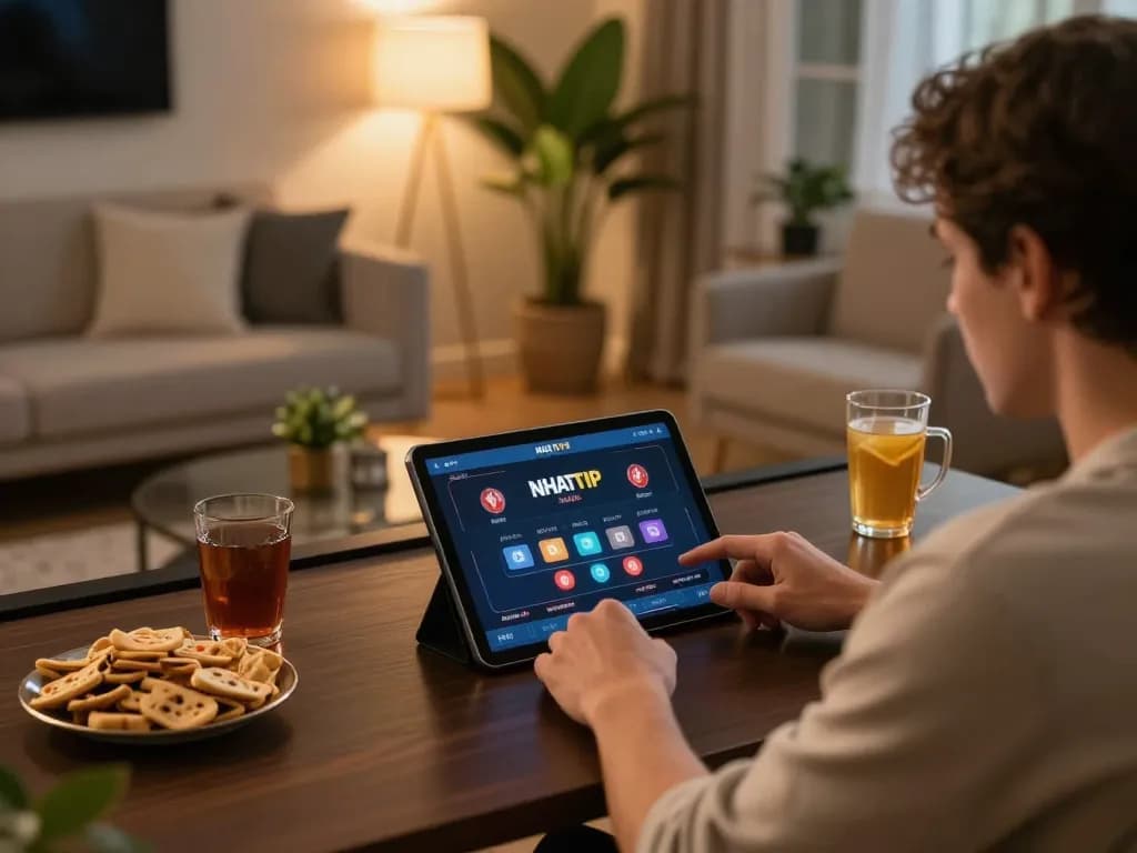 Engaging in strategic gameplay at NHATVIP online casino on tablet in a cozy home setting.