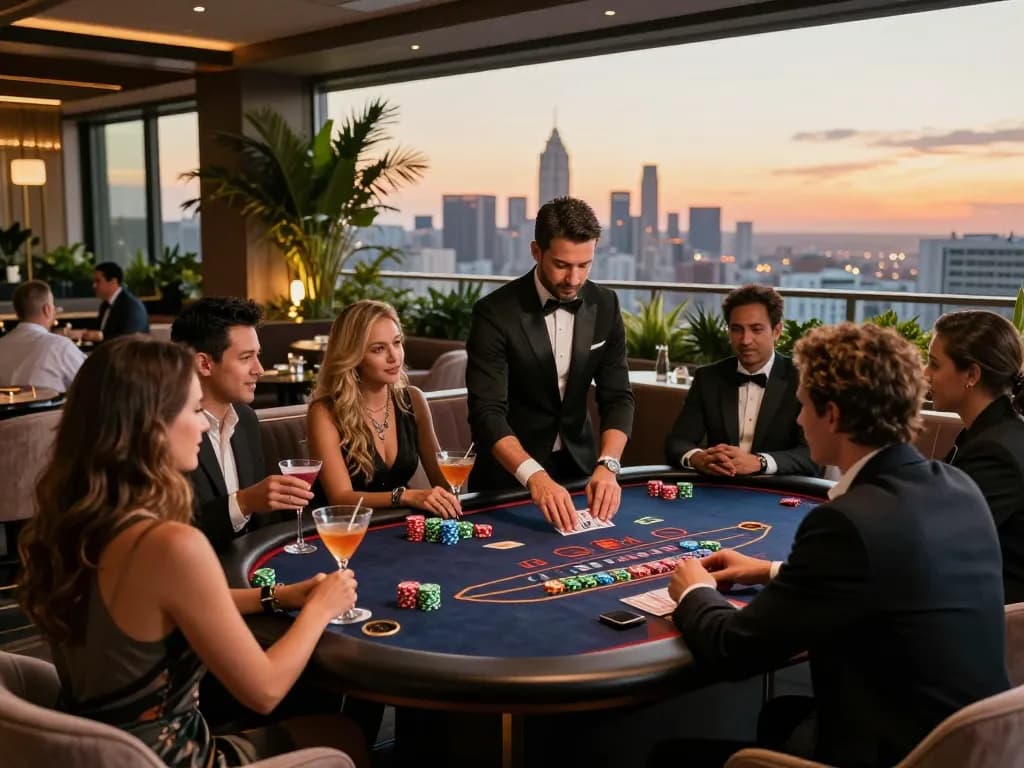 Patrons enjoying games at torxentertainment casino lounge overlooking the city skyline