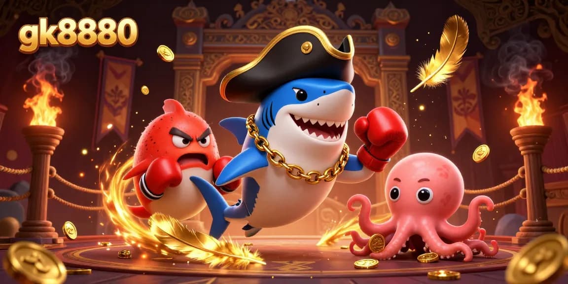 Experience thrilling adventures at gk8880 with our vibrant casino scene featuring a pirate shark and friends.