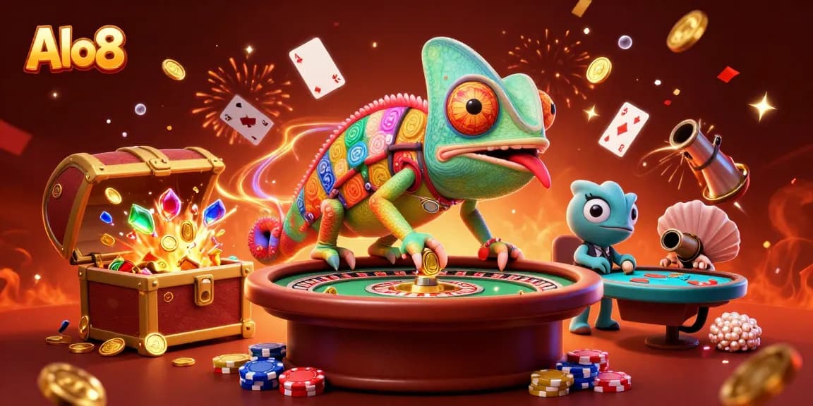 Experience thrilling games at Alo8 with a vibrant 3D casino scene featuring a colorful chameleon owner.