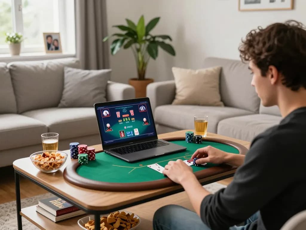 Engaging online poker moment with go99 app on laptop in cozy living room setting.