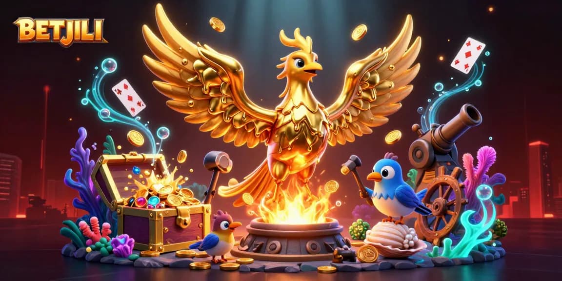 Engage in thrilling gameplay with BETJILI, featuring a golden phoenix amid abundant gold coins and vibrant gems.