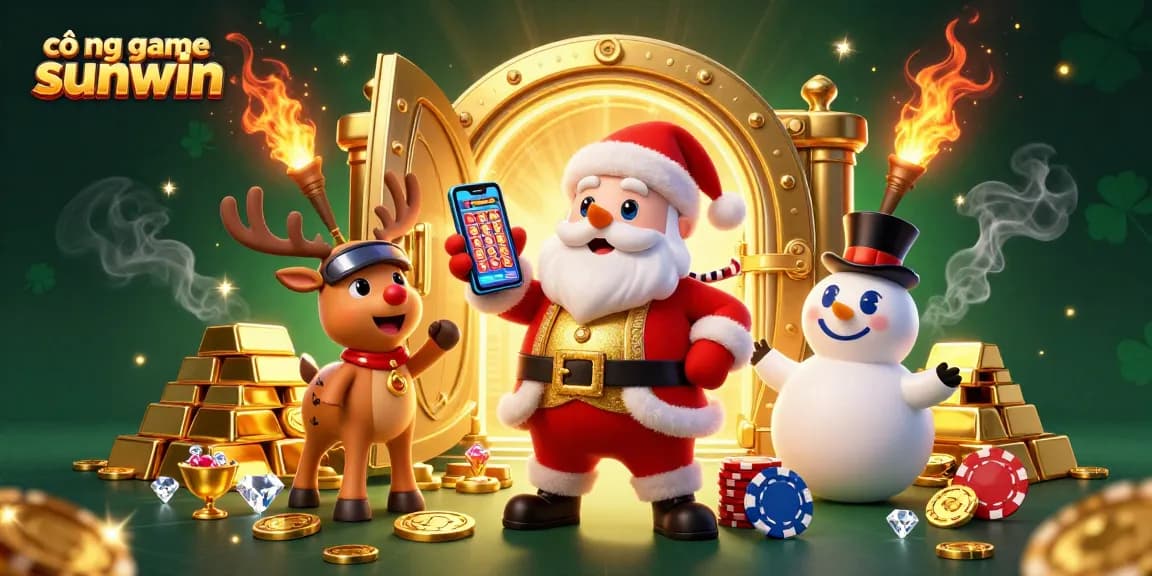 Experience the excitement of cổng game sunwin with Santa and friends celebrating jackpots in a vibrant 3D casino