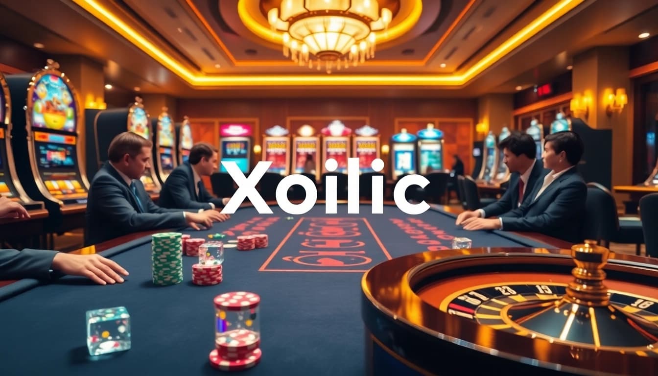 Xoilac showcases an immersive poker experience with players engaged in high-stakes action, surrounded by vibrant casino elements.