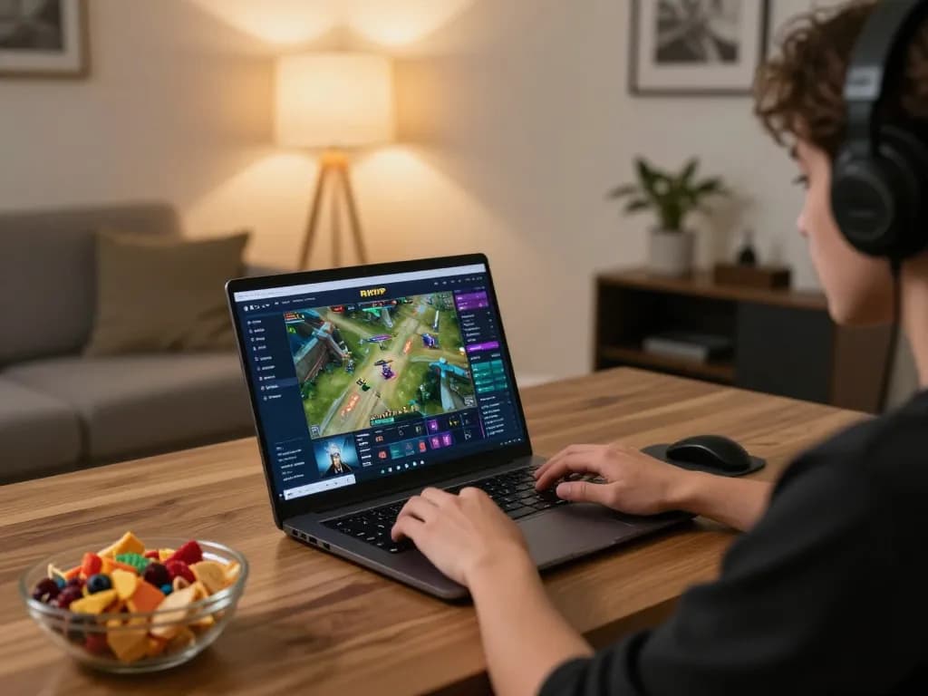 Player enjoying RIKVIP games on a laptop in a cozy home setting, showcasing online casino experience