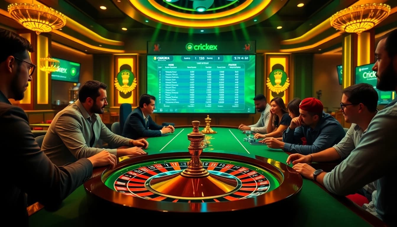 Crickex players engaging in thrilling cricket-themed bets at a vibrant casino interface.